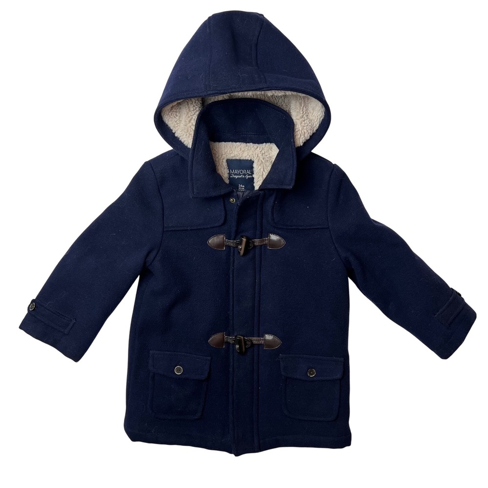 Mayoral Boys Navy‎ Blue Hooded Duffle Coat Sherpa Lined Size 24 Months